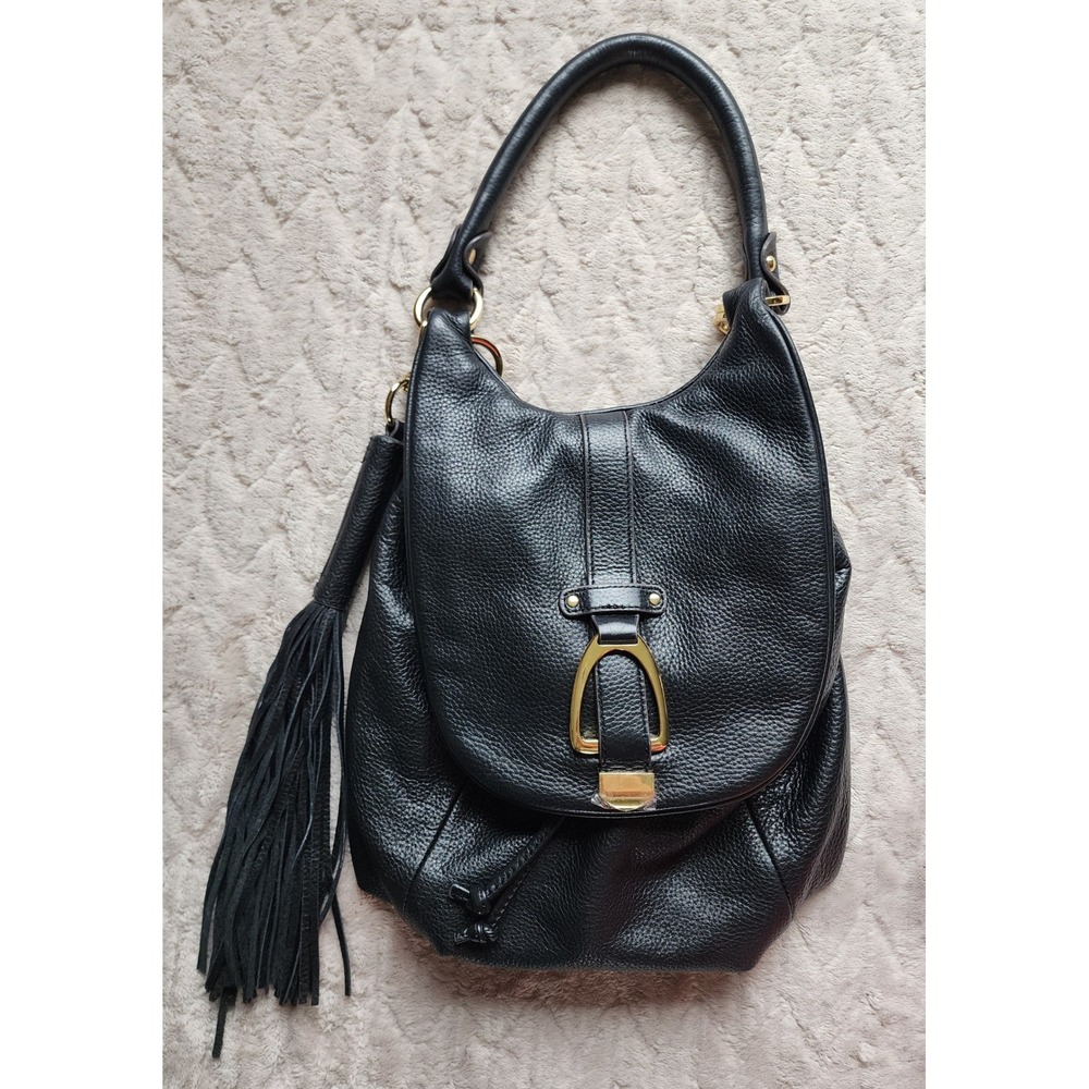 Gili Black Pebbled Leather Shoulder Bag Gold Stirrup Tassel Purse